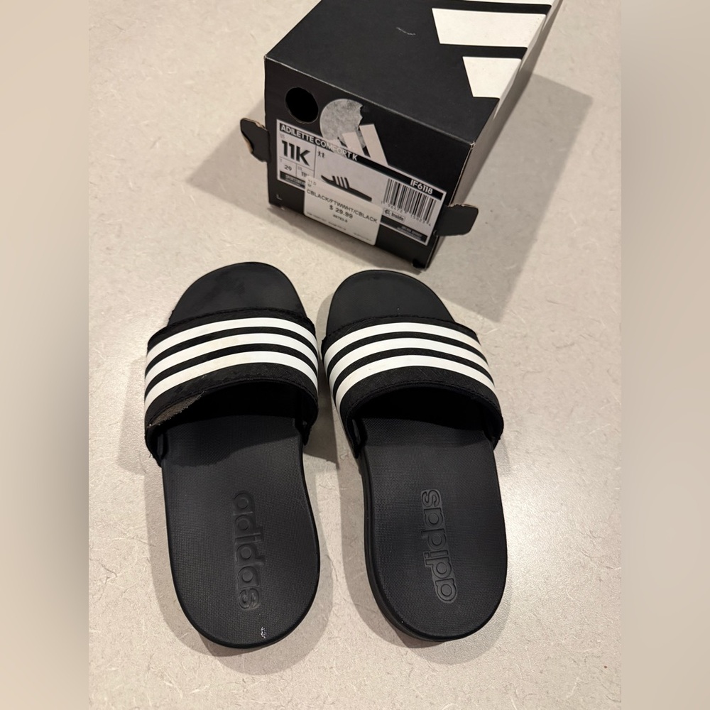 Adidas Black Slides with White Stripes - Picture 2 of 3